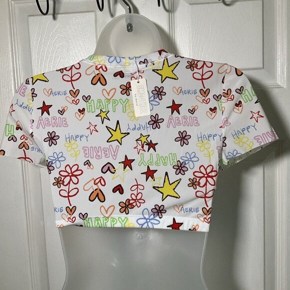 NWT Aerie Stretch Crop Top Happy Floral Hearts Summer Lightweight Festival Beach - Picture 4 of 11